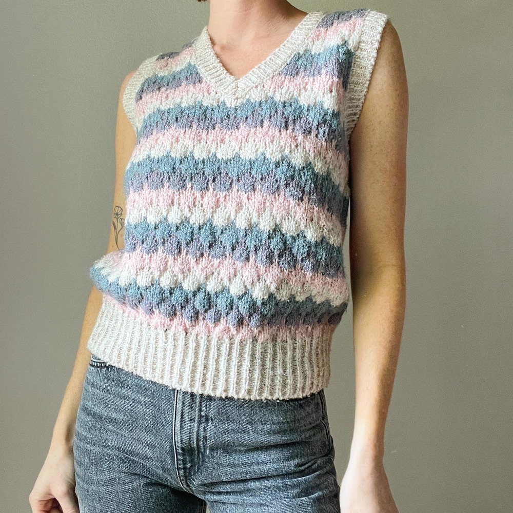 Vintage Pastel Striped Textured Knit V Neck Sweater Vest - Picture 2 of 5